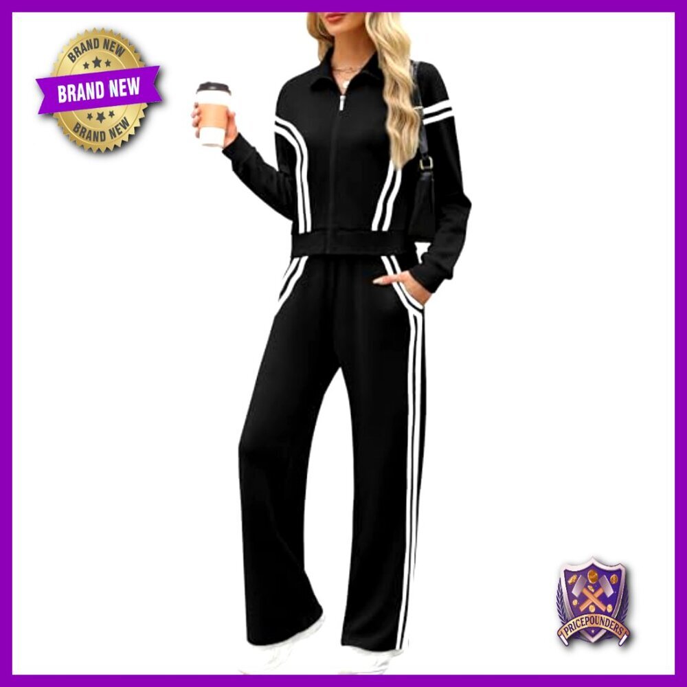 Soft Tracksuit Set with Zip Hoodie and Wide Leg Sweatpants, Pockets - Picture 4 of 7